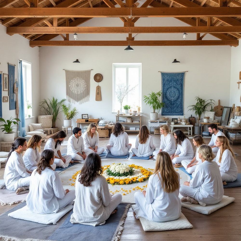 Participants in white seated in a circle around flowers in a bright modern room